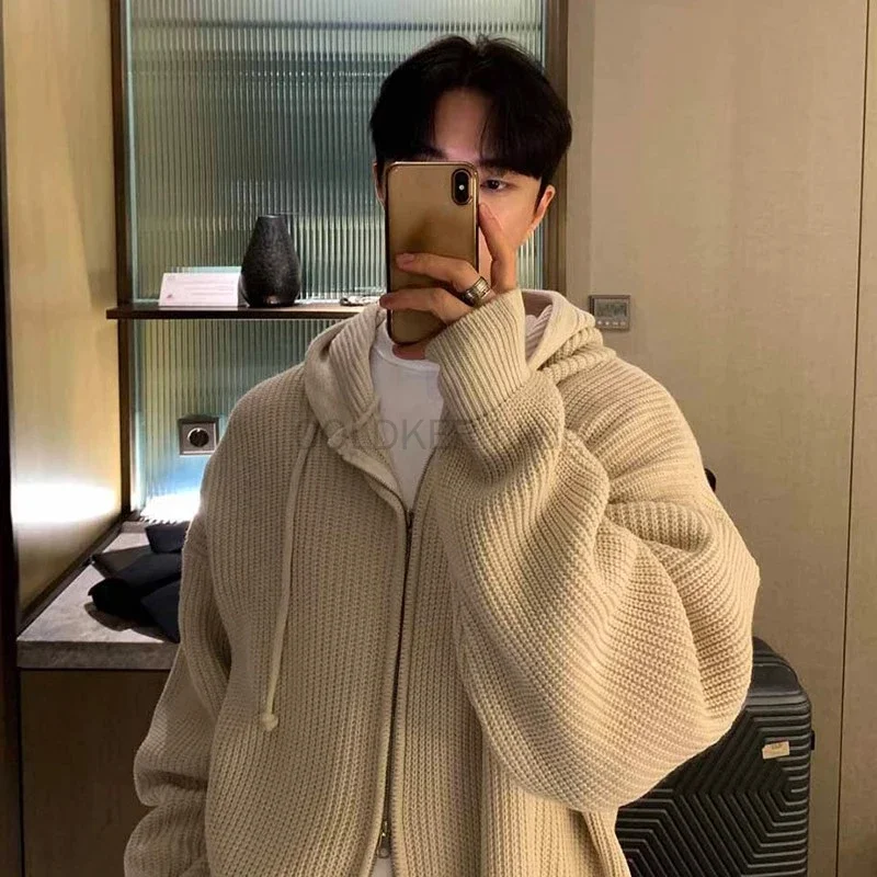 

Мужской кардиган на молнии с капюшоном в корейском стиле, осень-зима, свободный повседневный свитер на молнии, уличная одежда в стиле ретро, вязаная верхняя одежда