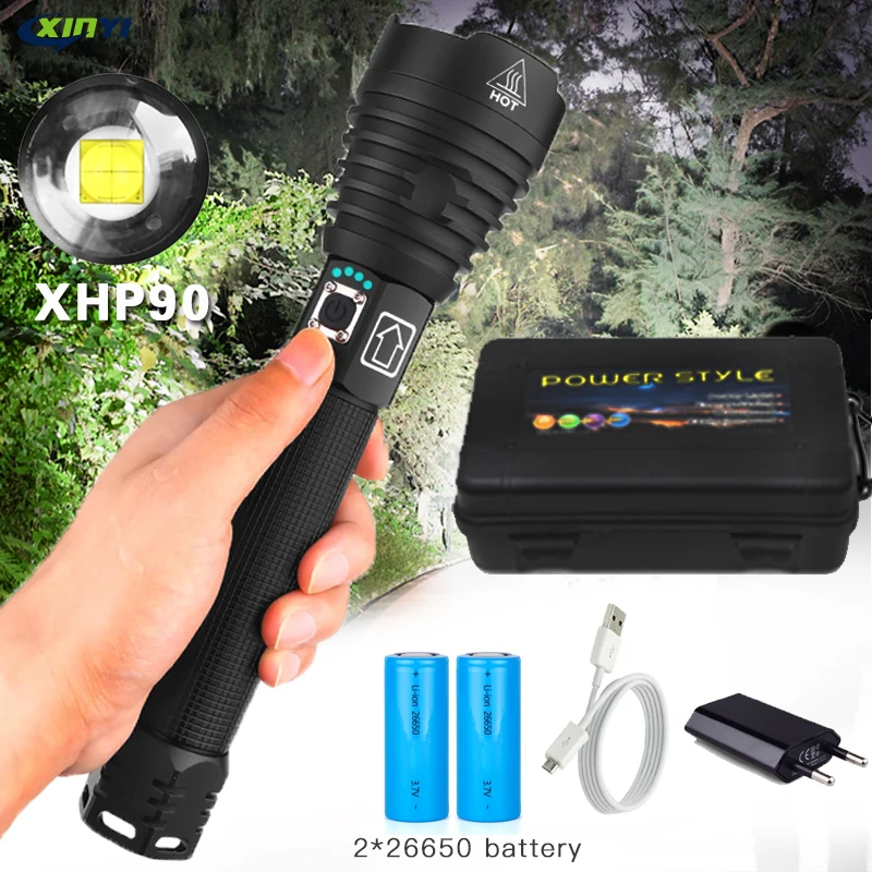 

Most Powerful XHP90 LED Flashlight Tactical waterproof Torch 3 modes Zoomable Hunting camping lamps By 18650 or 26650