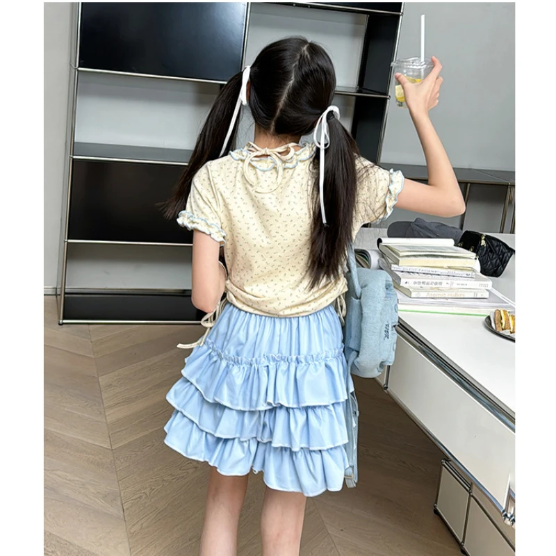 Girls Clothes Set Summer Printed Love Heart Design Ballet Style Short Sleeve T-Shirt Layered Skirt Two-Piece Set Kids Outfits