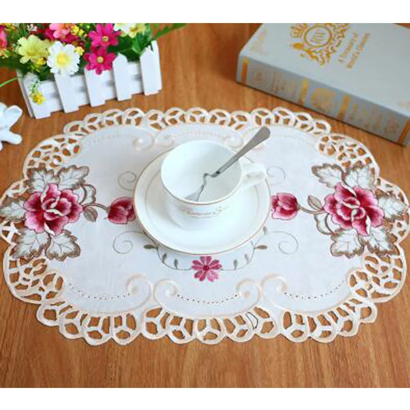 Table decoration and accessories Oval rose flower embroidery table place mat cloth coaster Christmas wedding placemat kitchen