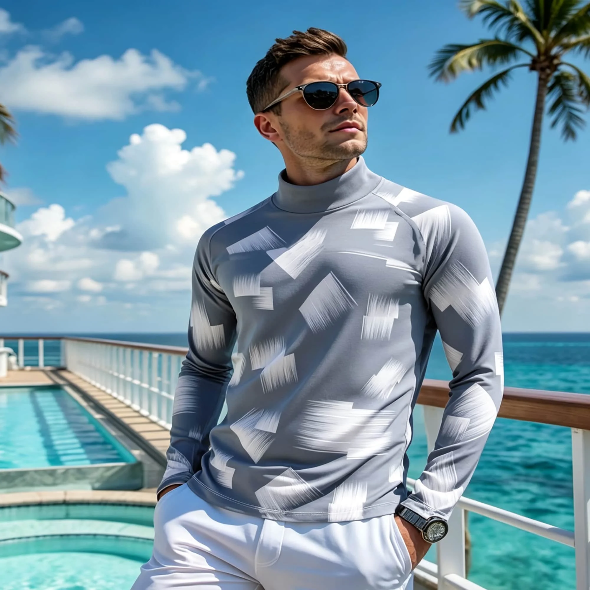 Seaside Vacation Men Mock Neck Pullover Long Sleeve T‑Shirt Grey White Fragment Brush Print Moisture Wicking Surf Sport Tops