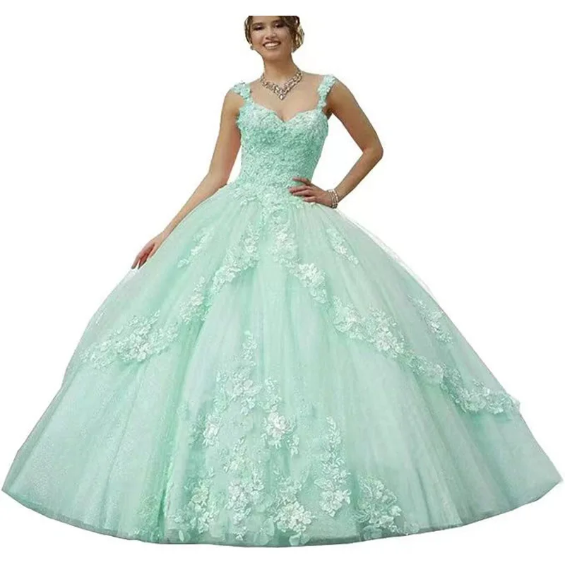 

Mint Green Quinceanera Dresses Spaghetti Strap 3D Lace Appliqued Flowers Sweet 15 Gowns 3D Flower Bead Vestidos De Quinceañera