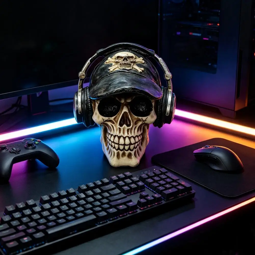 Skull Ornaments for Halloween Hip-hop Headphone Skull Figurine Steampunk Resin Skeleton Statue Vintage Skeleton for Haunted