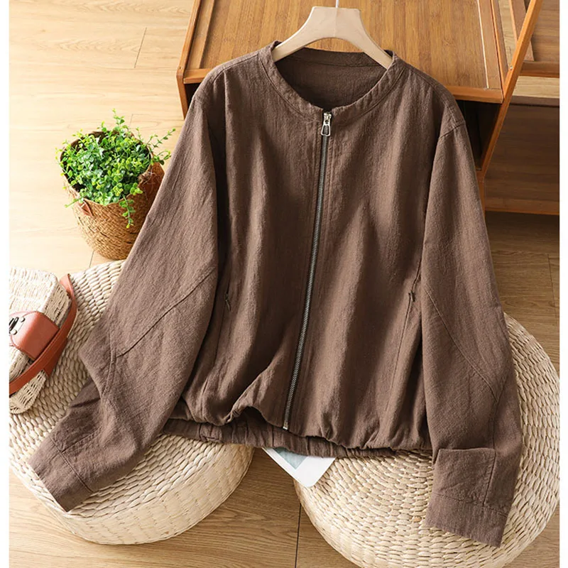 Cotton Linen Double-layer Short Coat 2026 Women's Autumn Zipper Cardigan With Loose Coat Jacket Short Shirt Thin Shirt