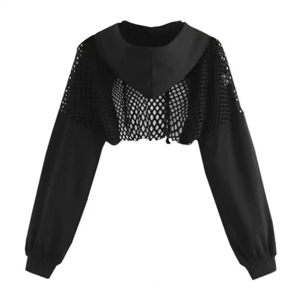 Women Hooded Sweater Stylish Women's Mesh Patchwork Hoodie with Drawstring Waist Exposed Midriff Streetwear Club Party Crop Top