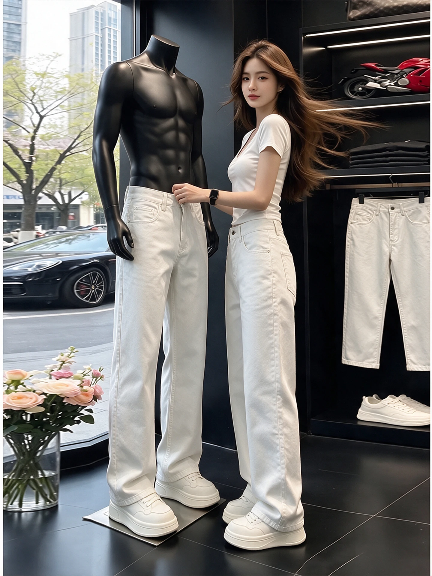 Vaqueros blancos de corte ajustado y pierna recta para hombre, estilo americano urbano, pantalones largos rectos de talla alta con corte de campana