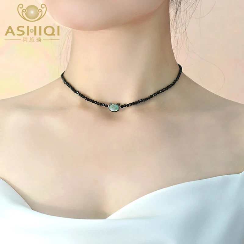 ASHIQI Korean Fashion  Black Spinel Natural Shell Cat Lovely 925 Sterling Silver Necklace for Women