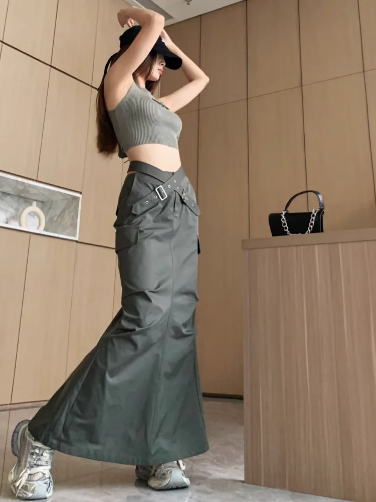 High Quality Cross Belt Cargo Skirt Woman 2024 Fashion Split Long Skirt Y2k Streetwear Solid Color Goth Skirt Women Clothing
