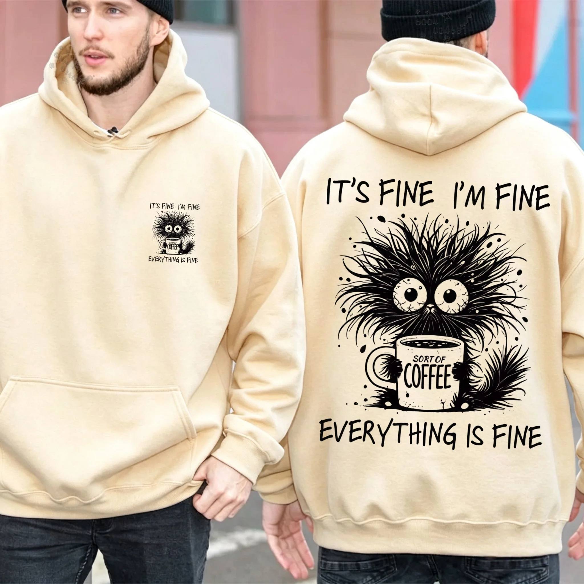 Men Autumn Winter Hoodie Funny Fuzzy Monster Coffee Theme Double Sided Text Print Loose  Pullover Hooded Sweatshirt Streetwear