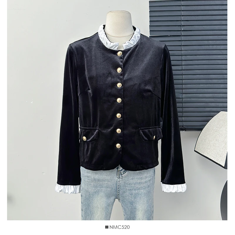 Female Autumn 2024 New Fashionable Stand Up Collar Loose Long Sleeve Black Metal Buckle Velvet Shirt Women Blouse