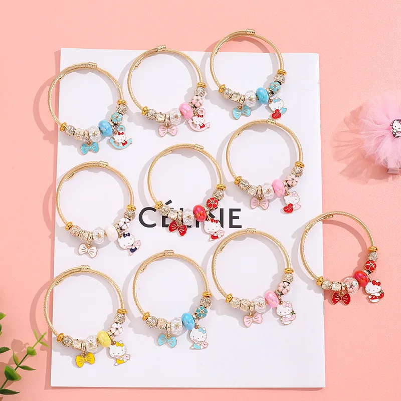 Stainless Steel Bangle Sanrio Cute Hello Kitty Flower Bowknot Charms Bracelets for Women Girls Lovely Accessories Jewelry Gifts