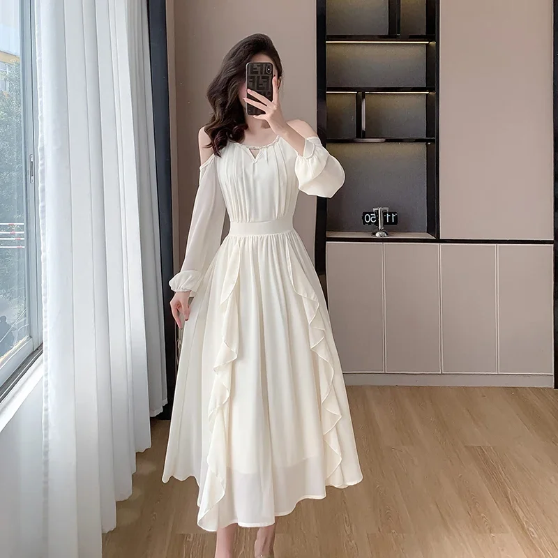 Solid Vintage Women Dresses 2024 New Evening Strapless Long Sleeves Fashion Summer Sexy Women's Dresses Korean Clothing Sales
