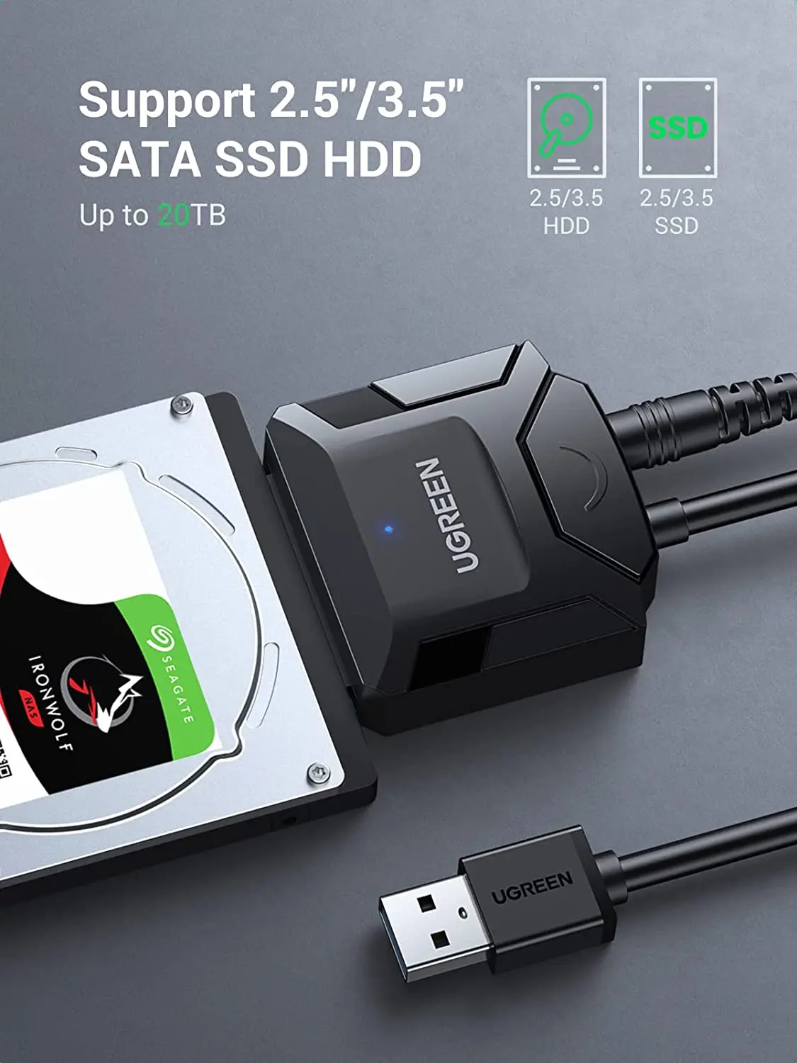 كابل محول UGREEN SATA إلى USB 3.0 لـ 3.5 2.5 بوصة SSD HDD SATA III محول القرص الصلب يدعم UASP