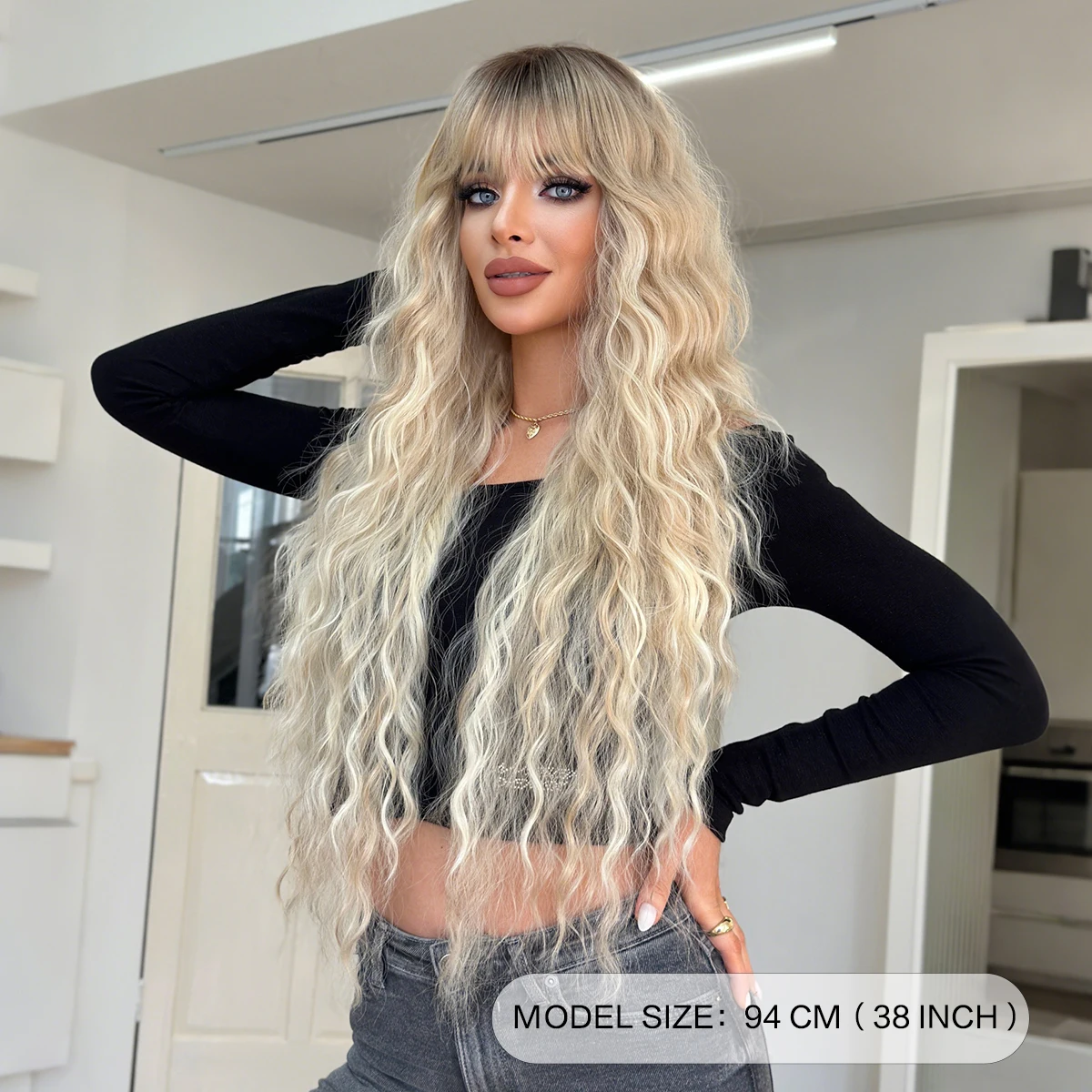 NAMM Extra Long Curly Pink Wig for Women Natural Synthetic Loose Layered Hair Wigs with Curtain Bangs Dark Gradient Cosplay Wigs