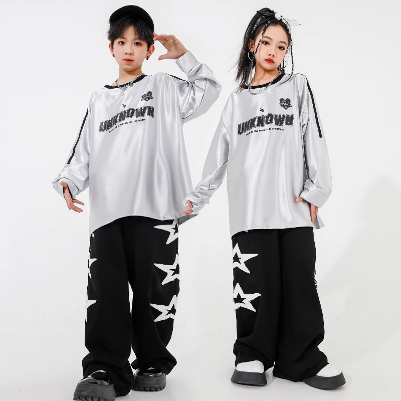 Kid Hip Hop Clothing Silver Letter Sweatshirt Vest Tops Black Casual Cargo Pants Jeans for Girl Boy Jazz Dance Costume Clothes