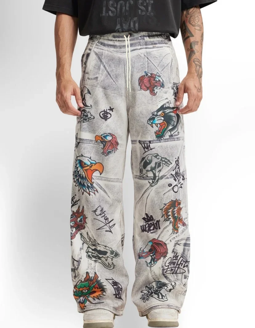 2026 Sommer Neuer Trend Herren Loose-Fit-Hose, gewaschenes Grau, Vintage Tattoo Tierprint, Hip-Hop Street Fashion Hose für den Alltag