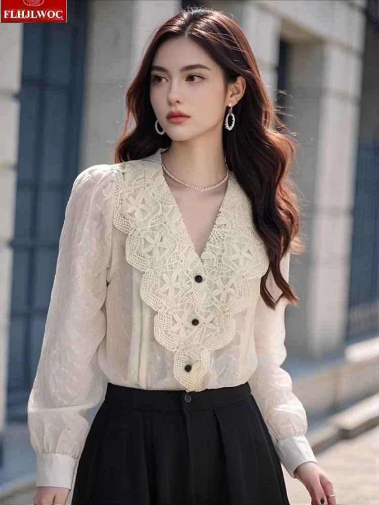 

Cotton Embroidery Cute Chic Tops Hot Women New Year 2026 Spring Korea Japan Style Design Hollow Out Lace Button Shirt Blouse
