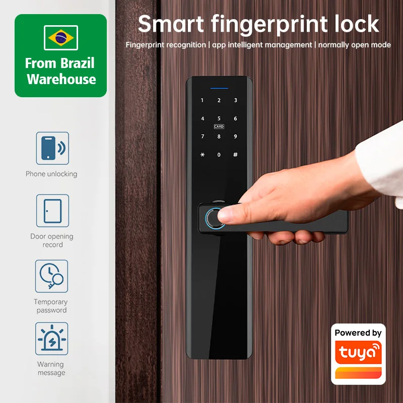 Fechadura Eletrônica com Impressão Digital e Wi-Fi BR Fast Delivery, Compatível com o Aplicativo Tuya Smart, Desbloqueio por Cartão IC, Senha e Chave para Escritório e Casa