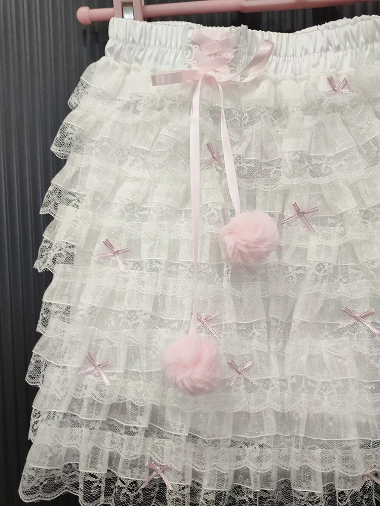 Faldas de encaje de múltiples capas para niñas dulces, decoración de lazos de verano, cintura elástica, estilo Lolita, pantalones cortos de pastel, falda para mujer