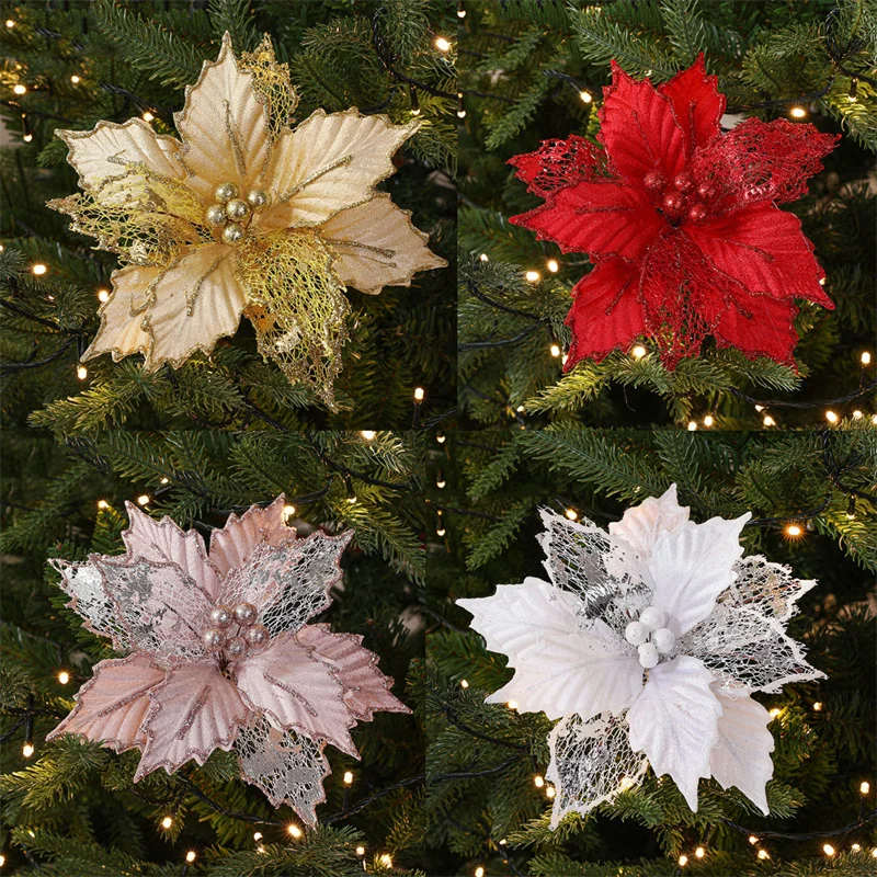 24cm Simulated Christmas Flower Maple Leaf Xmas Tree Ornaments Merry Christmas Decorations New Year Home Party Supplies