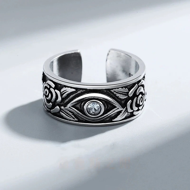 

Retro "Eye of Horus" Ring For Men Trendy Thai Silver Flower Rings Personalized Inlaid Zircon Finger Jewelry KOFSAC