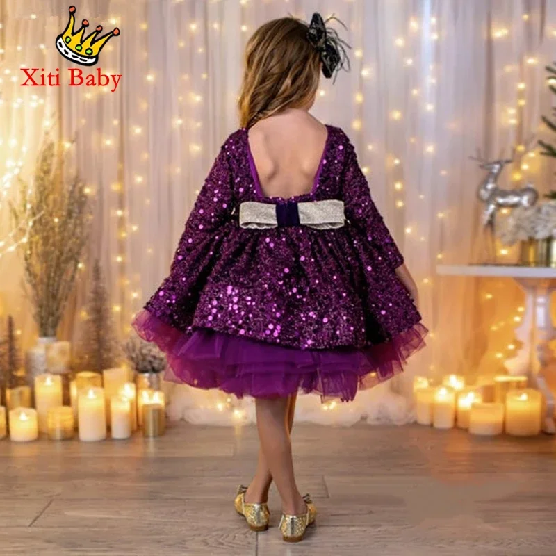 Purple Glitter Bowtie Lush Girl Party Dresses Elegant Fluffy Girl Princess Dress Shiny luxurious Birthday Wedding Dress Girl