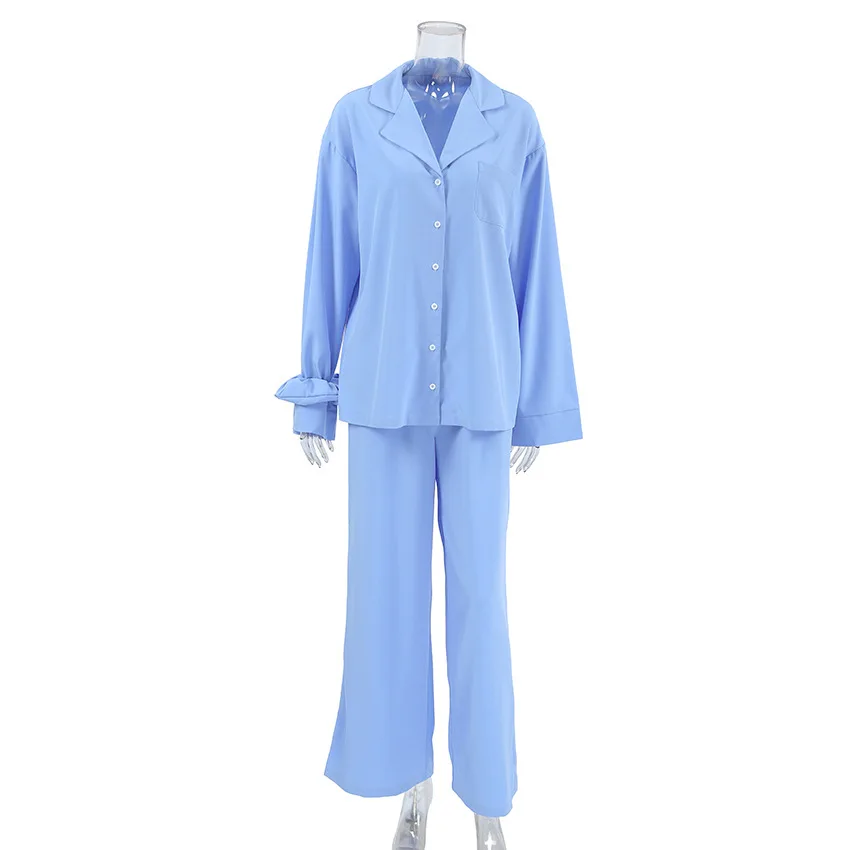 Blue Solid Loose Long Sleeve Trouser Chiffon sets Women\' Pijama Silk Satin Sleepwear Lingerie 2Pcs Pjs Nightwear Home Clothes