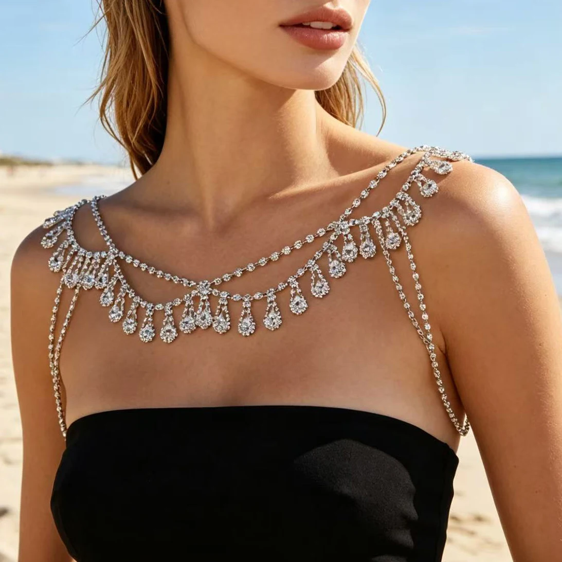 Bridal shawl tassel shoulder accessories rhinestone shoulder chain jewelry, multi-layer body chain jewelry accessories