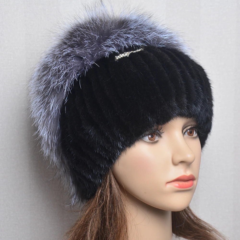 Women Winter Mink Fur Hats Knitted Real Mink Silver Fox Fur Caps Female Russian Warm Beanies Hat Women\'s Fur Hat