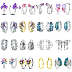 925 Sterling Silver Beautiful Purple Flowers Earrings Jewelry Versatile Hoop Earrings For Women Jewelry Birthday Party Gifts
