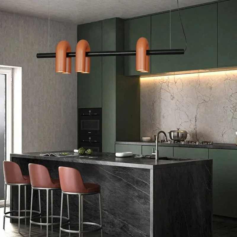High-end Art Decor U Tube Pendant Lights Orange Blue Gray Black Metal Chandeliers for Dining Room Kitchen Table Bar Coffee Shop