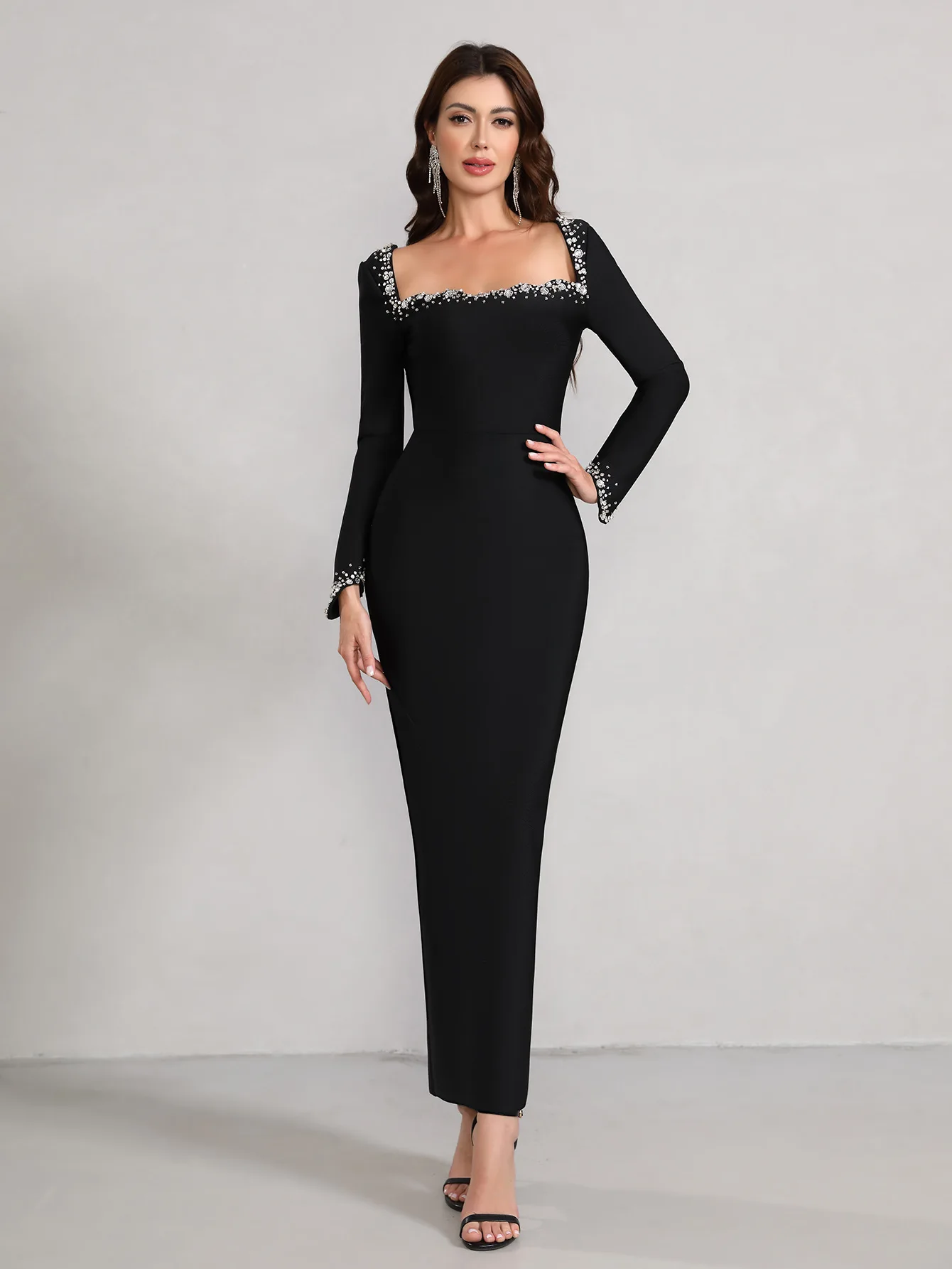 

Ele Bal Long Sve Wrap Dr Par Wedding Banquet Gown Faionable Square Collar Draped Dr for Various Ocns