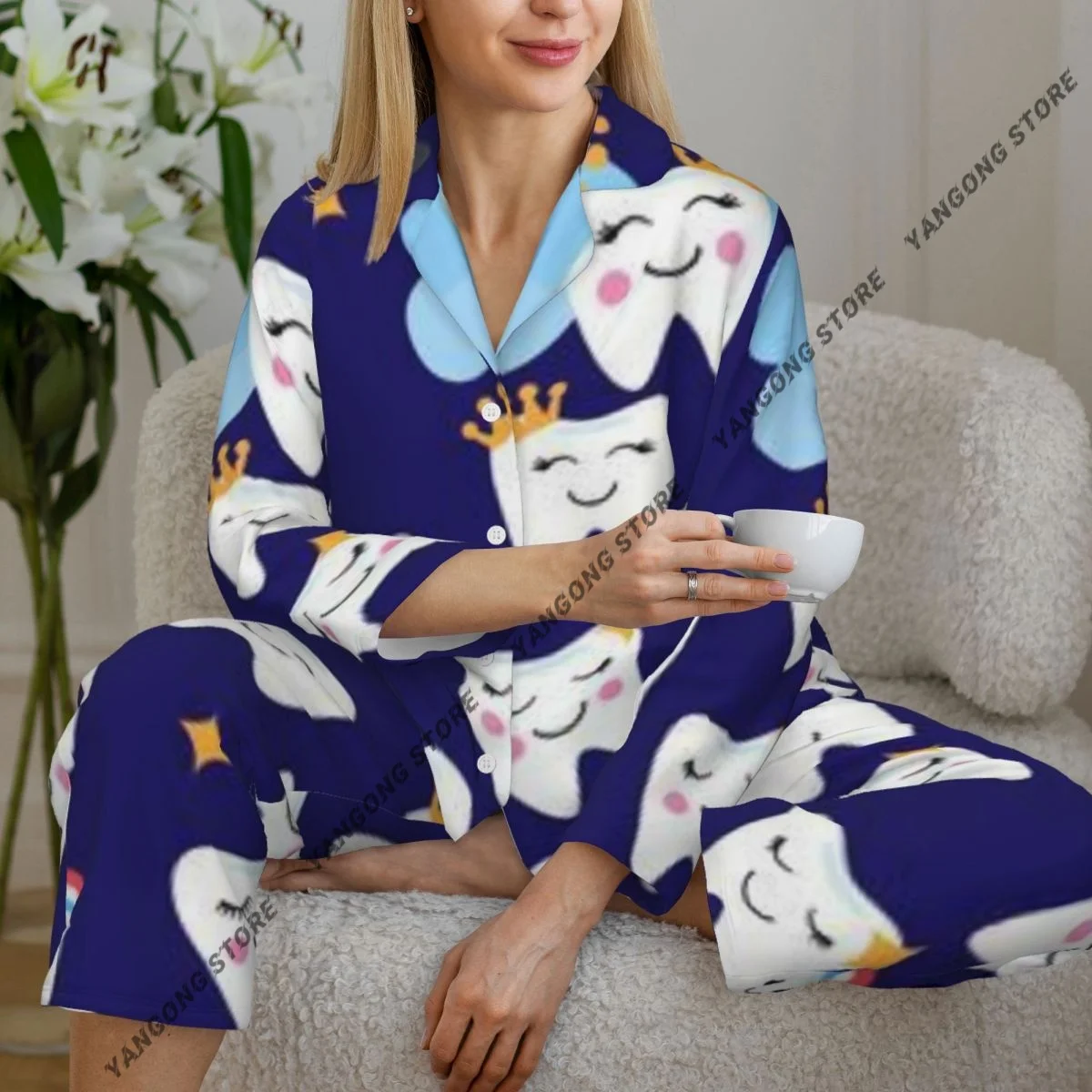 

Women's Pajamas Long-sleeved Girl Loungewear Two-piece Set Happy Teeth And Tooth Fairies Pajamas for Autumn Spring