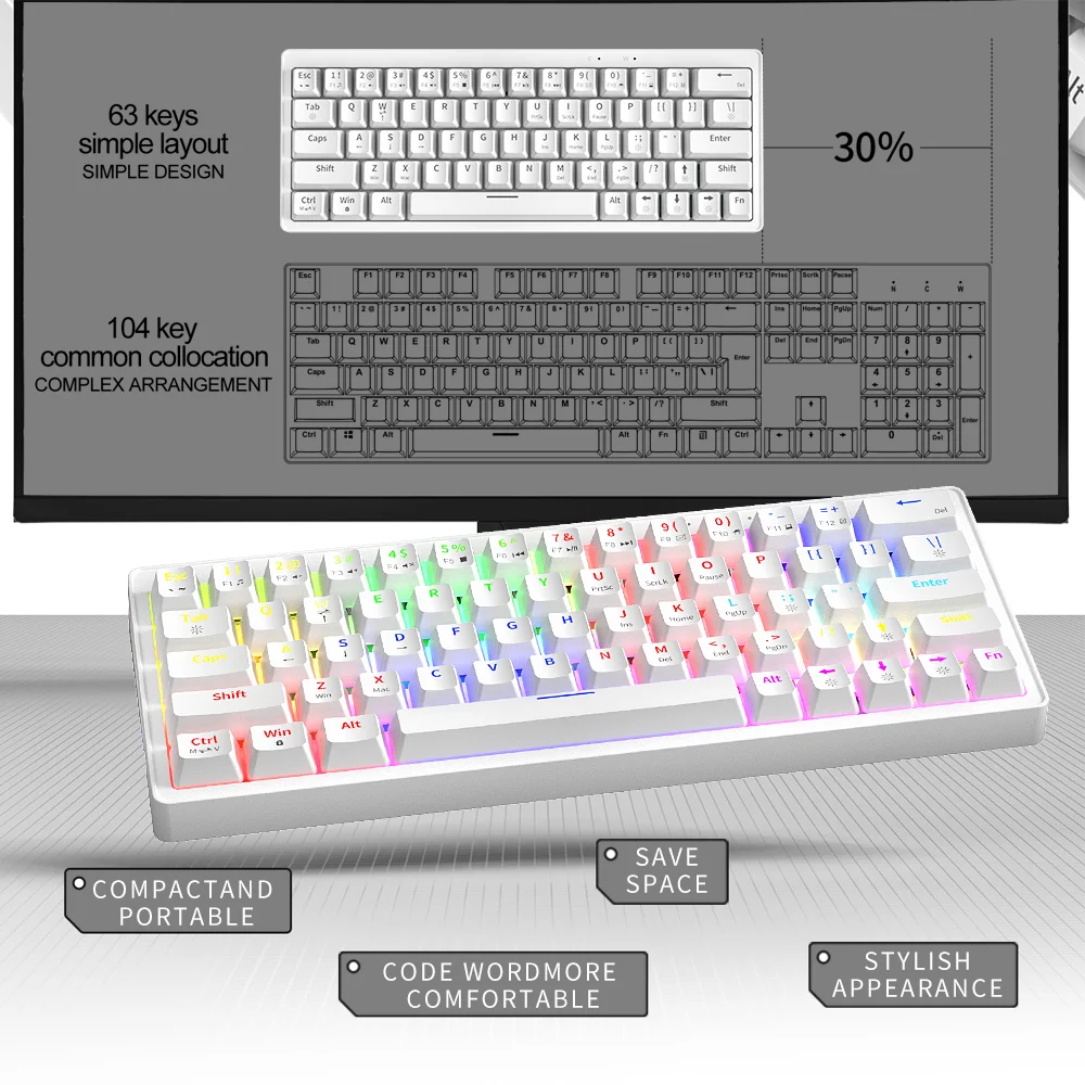 Imagem -05 - Teclas Mini Teclado Mecânico Hot Swappable Vermelho Interruptor Azul Tipo-c com Fio Rgb Backlit para Computador Jogos Furycube-za63 63