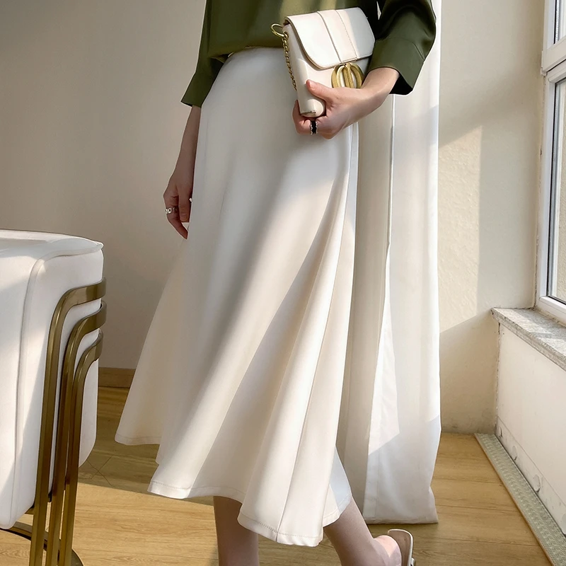

Ele Высококачественная шелковая юбка трапециевидной формы с высокой талией, атласная гладкая шелковая модная универсальная длинная юбка для женщин