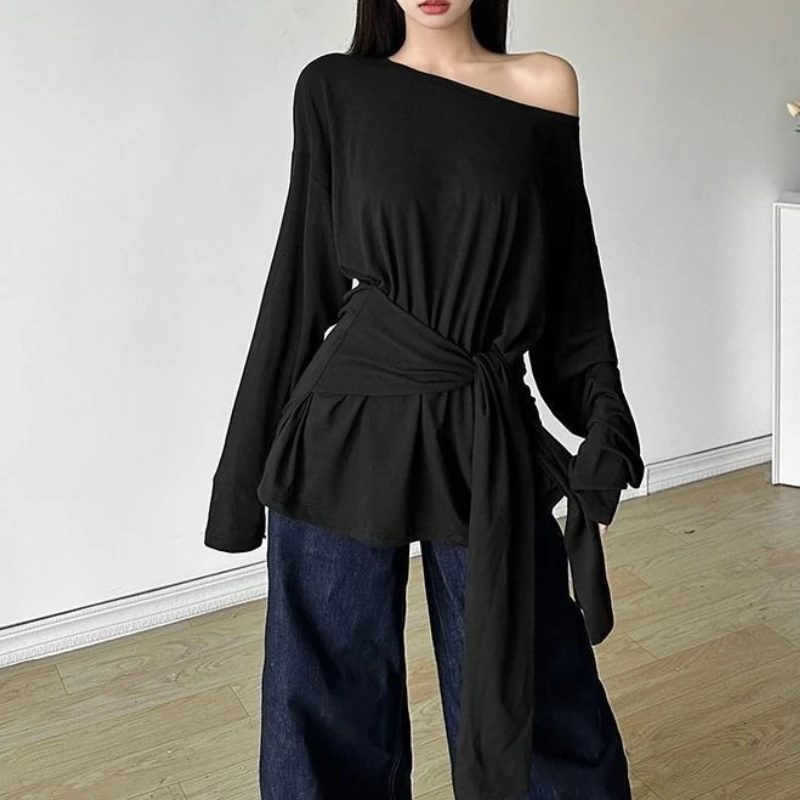 

Temperament Strap Diagonal Shoulder Long Sleeve T-shirt Women's Winter Spicy Girl Soft Glutinous Waist Off Shoulder Top