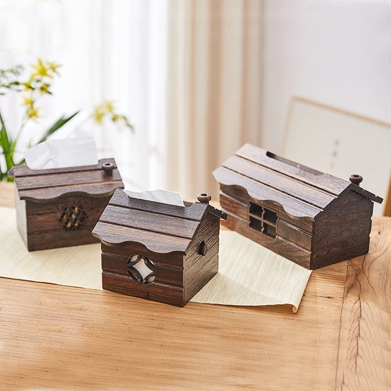 Creative Small House Solid Wood Tissue Box Household Bathroom Tissue Box Restaurant Tissue Storage Supplies Home Decoration