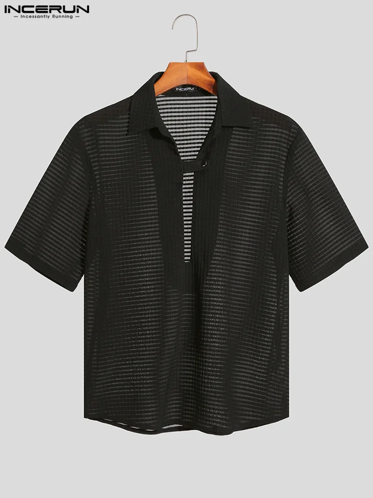 INCERUN-Tops informales de estilo Simple para hombre, Blusa de manga corta con textura ligeramente transparente, a la moda, con abertura en el