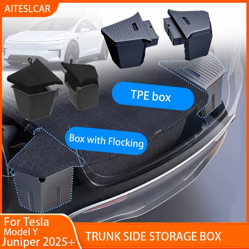 For Tesla New Model Y 2025 Launch Juniper 2025+ Rear Trunck Side Storage Box with Flocking or TPE Lids Covers and Drawstring