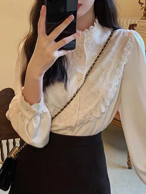 

Ранняя осень, женская длинная шифоновая блузка прямого кроя с высоким воротником, белая верхняя одежда, дизайнерская сенсация