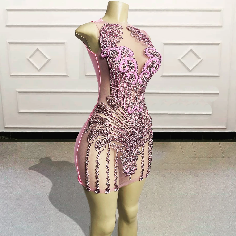 Vestido corto de fiesta de cumpleaños para mujer, minivestido Sexy transparente con cuentas de cristales brillantes, rosa, 2022