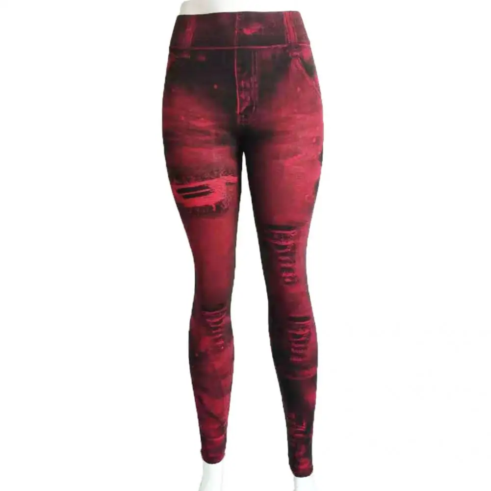 Yoga Pants  Trendy Women Ripped Holes Print Faux Denim Jeans  Breathable Imitation Jeans Leggings