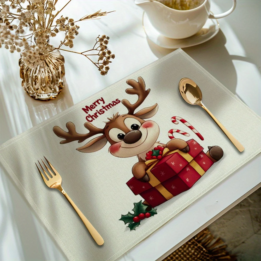 VIKAMA 4-teilige Weihnachts-Tischsets mit Rentier und Goldrand, Feiertagsversammlung, Familien-Esstisch, dekorative Accessoires