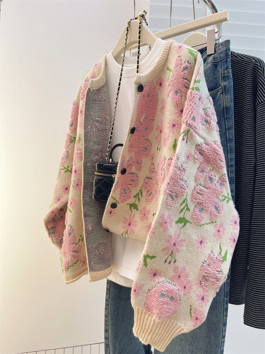 

Flower Sweater Jacket French Style O-neck Single Breasted Loose Knit Cardigan Long Sleeved Sweet Top New Women's Cardigan