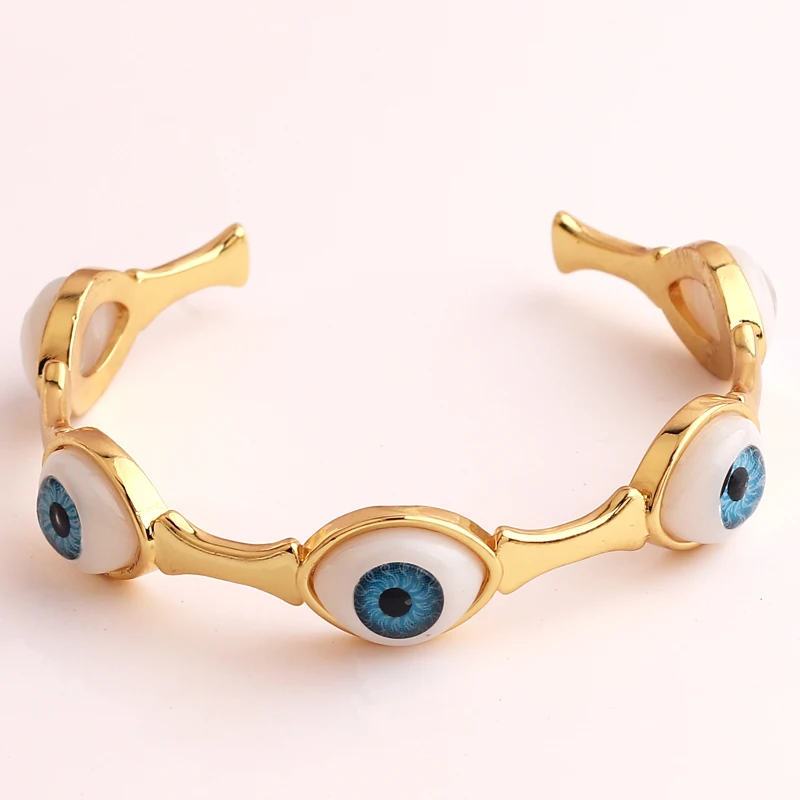 Real Gold Plated COLORFUL Blue Turkish Evil Eye Open Bangle Copper Adjustable Cuff Bracelet Fashion Jewelry for Women Girls Men