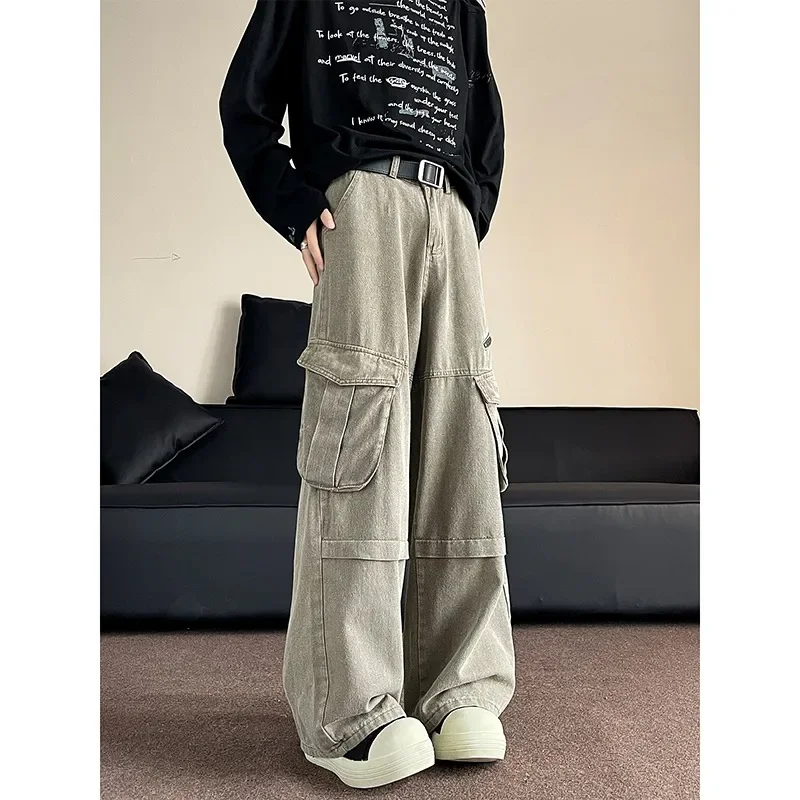 Fashionable and Versatile Beautiful Design Unique Hong Kong Style Retro Vintage Vintage Wide Leg Pocket Jeans Work Pants Men