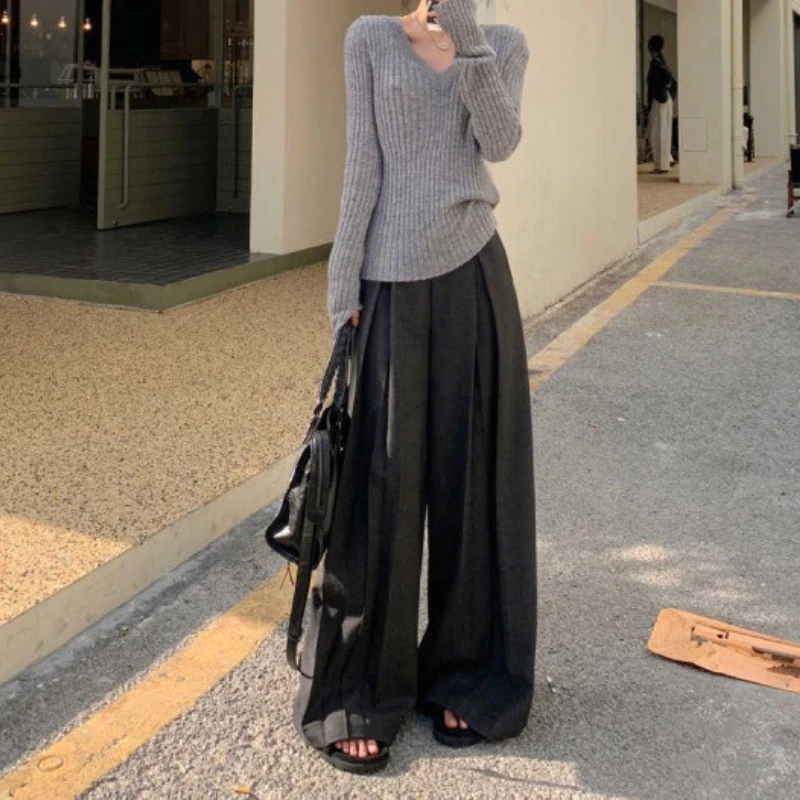 

Gray Long Sleeve Knit 2025 New Slim Fit Autumn Sweater Chic Bottom Lazy Top