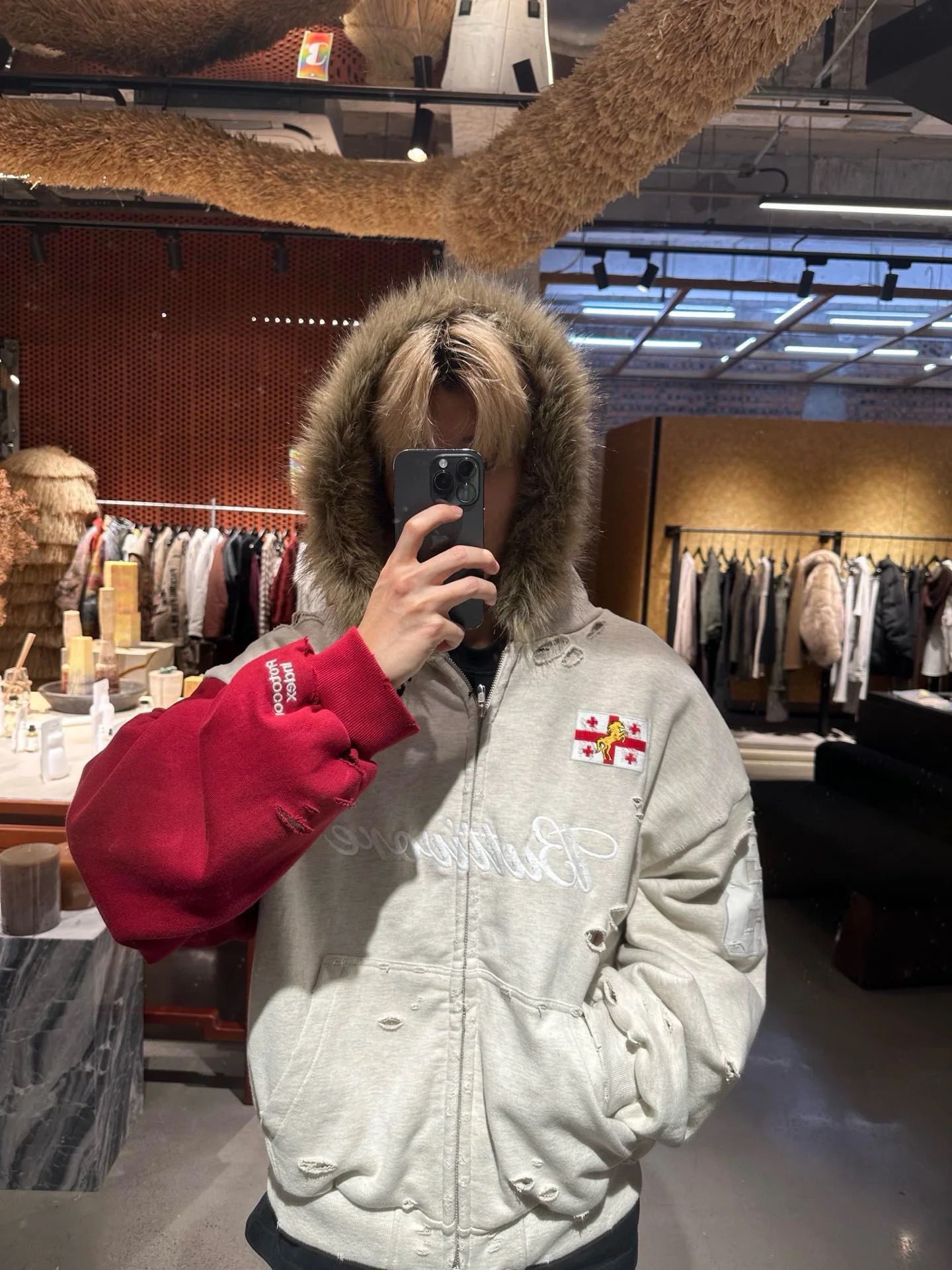 Protocol Index Colored Vintage Washed Damaged Fur Collar Warhorse Hooded Sweatshirt Coat for Men and Women