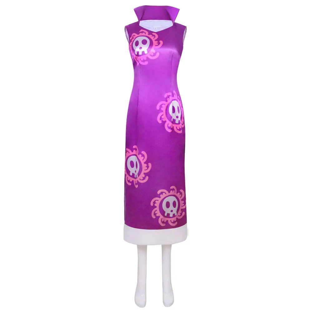 Women Boa Hancock Inspired Cosplay Costume Purple Cheongsam Dress With Earrings Halloween Carnival Anime Role Play Outfit - view 5