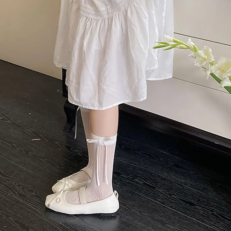 Butterfly Knot Silk Ribbon Socks Women's Korean Style Ins Thin Mesh Breathable Hollow out Socks for Girls Cute Fairy Footwear